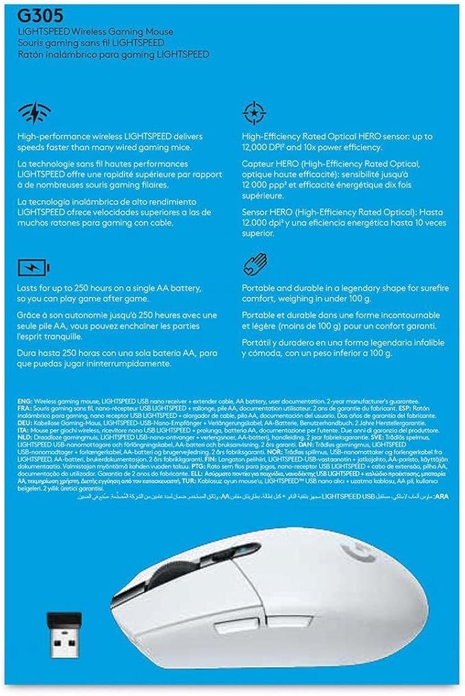 Logitech G305 Lightspeed Wireless Gaming Mouse, Hero 12K Sensor, 12,000 DPI, Lightweight, 6 Programmable Buttons, 250h Battery Life, On-Board Memory, PC/Mac - White