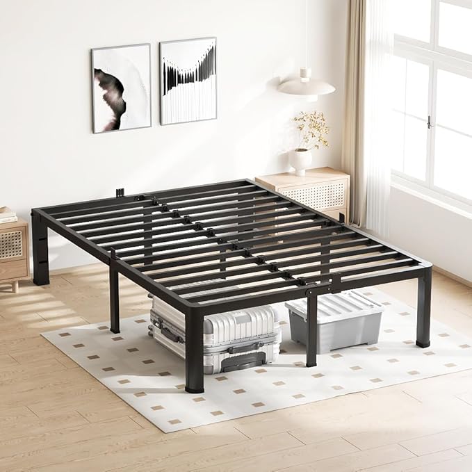 18 Inch California King Bed Frame, 3500Lbs Heavy Duty Metal Platform with Round Corner Legs Mattress Slide Stopper, Steel Slat Support No Box Spring Needed, Noise Free, Non-Slip, Easy Assembly