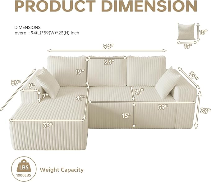94" Cloud Sectional Couch with L-Shape Chaise,4 Seat Modern Modular Sofa with Side Pockets,Upholstered Couches for Living Room Bedroom, Boneless Couch,No Assembly Required