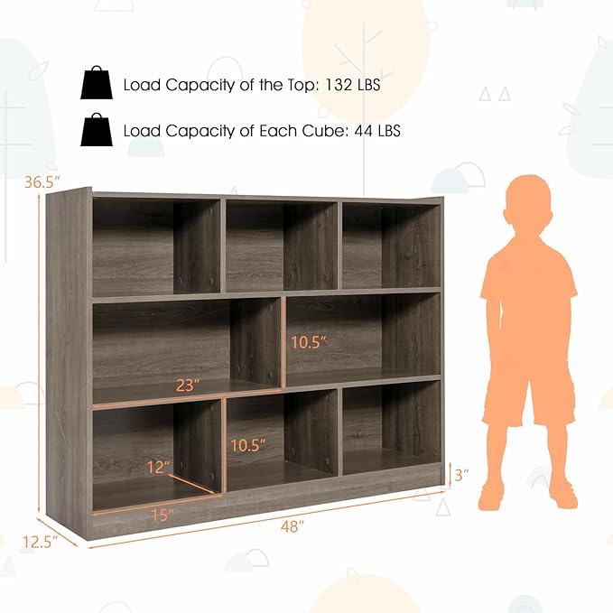 NAFORT 8-Cube Organizer Storage Cabinet, 3-Tier Bookshelf,Low Displaycase, Wooden Bookcase for Bedroom/Preschook/Classroom/Office, Gray