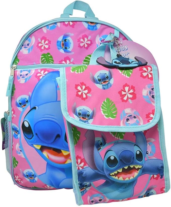 Disney Stitch 16" Backpack 4pc Set with Lunch Kit, Key Chain & Carabiner