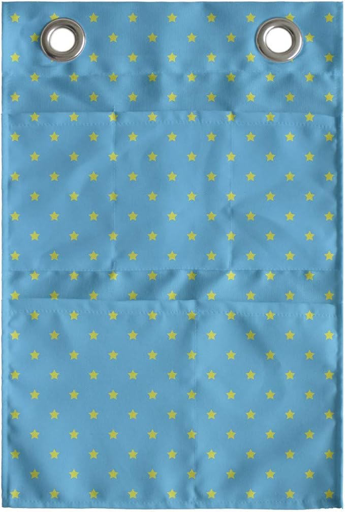Ambesonne Stars Hanging Pocket Organizer, Continuous Abstract Pattern of Mini Star Motifs Geometric Elements, Printed Polyester Storage Bag with Pockets, 14" x 20", Sky Blue Yellow Green