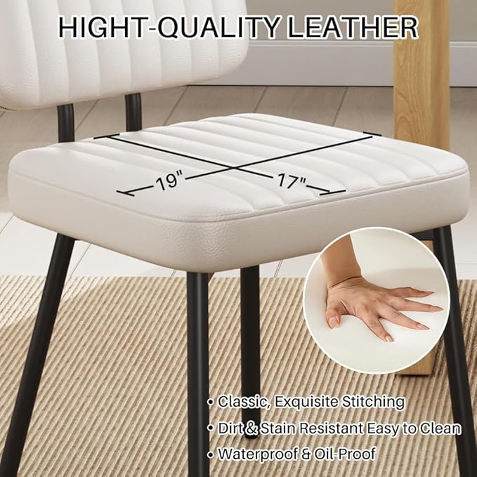 Dining Chairs Set of 4, Upholstered Mid Century Modern Kitchen Dining Room Accent Chairs with Faux Leather Cushion Seat & Metal Legs for Kitchen, Living Room (White, Set of 4)