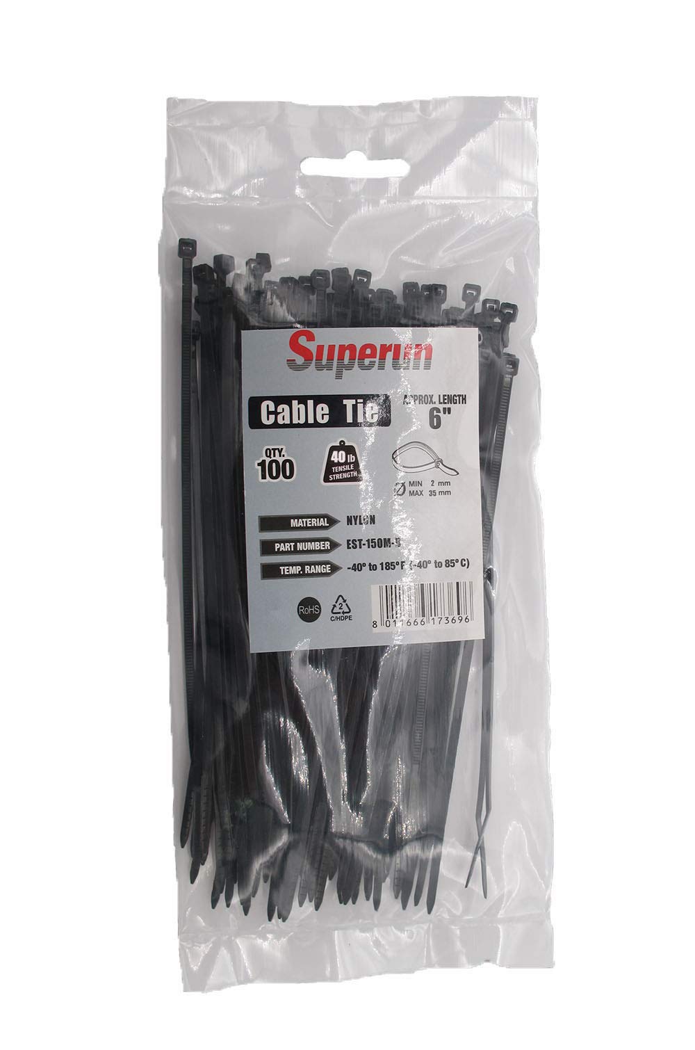 Superun Black Zip Ties 6 Inch, 40 Lbs Tensile Strength Wire Ties (Industrial Grade Cable Ties) Pack of 100