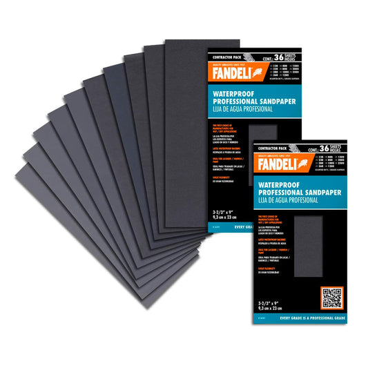 Fandeli | Waterproof Sandpaper | Assortment of Grits from 120 to 2500 | 36 Sheets 23 x 9,3 cm | for Car Polishing, Wood Furniture Sanding and Metal Sanding | Water Resistant