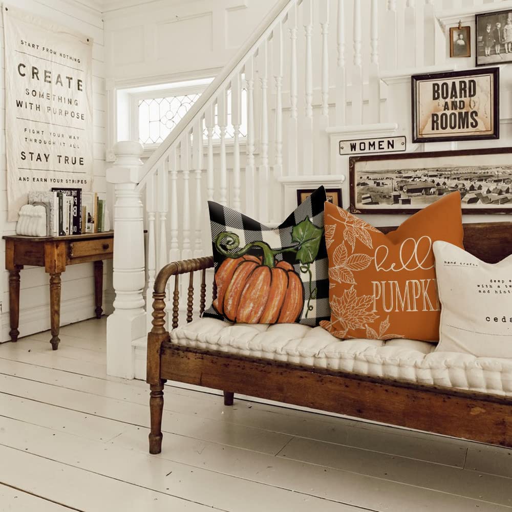 GEEORY Fall Pillow Covers 18x18 Set of 4, Buffalo Plaid Pumpkin and Maple Leaves Autumn Decorative Throw Pillows Farmhouse Decor Thanksgiving Decorations Cushion Case for Sofa