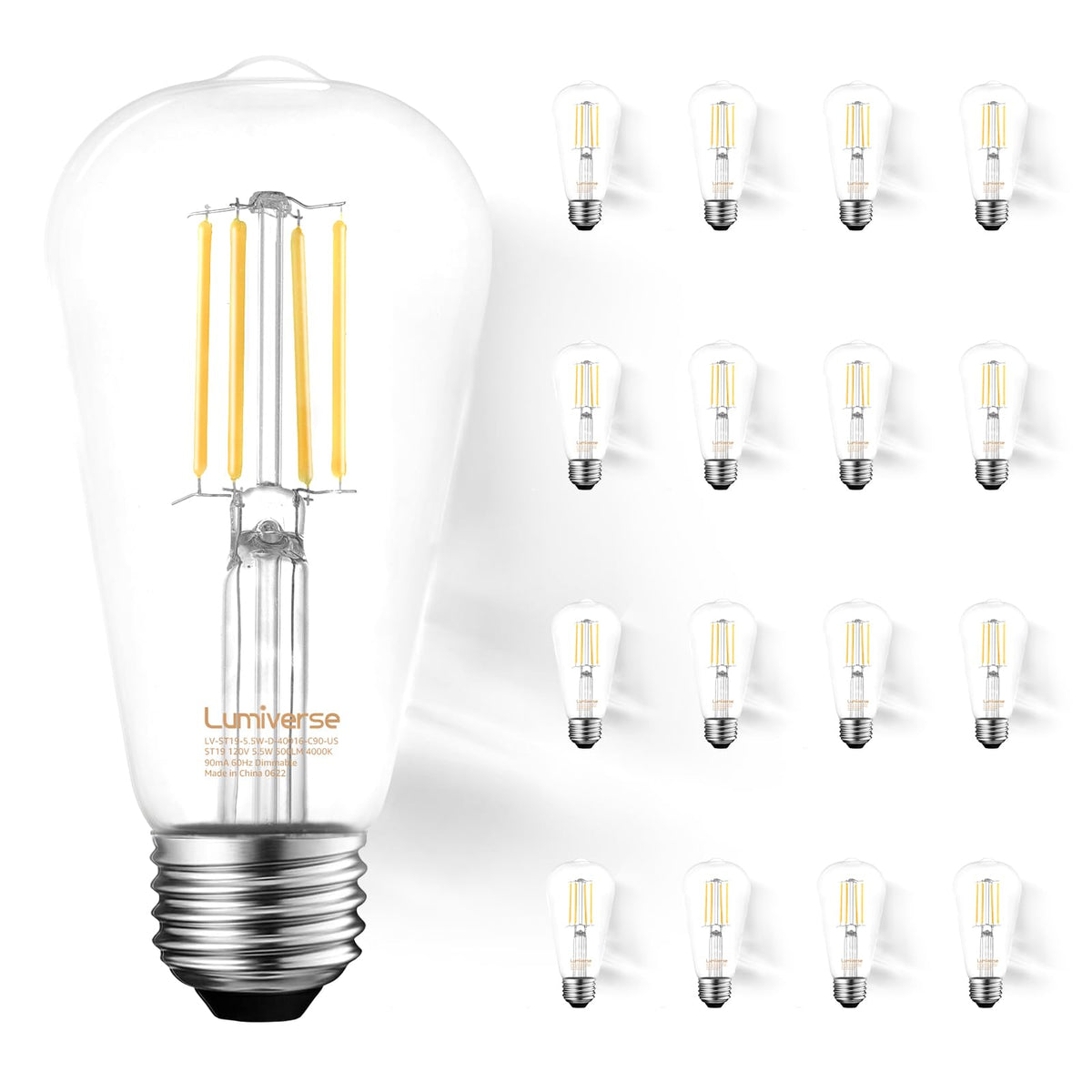 ST19 Dimmable LED Edison Bulb, 5.5W (60W Equivalent) 500LM CRI 95+, 4000K Cool White, E26 Medium Base Vintage Filament, Clear Glass, Standard Type A Lamp for Kitchen, Bathroom, Bedroom, 6 Pack