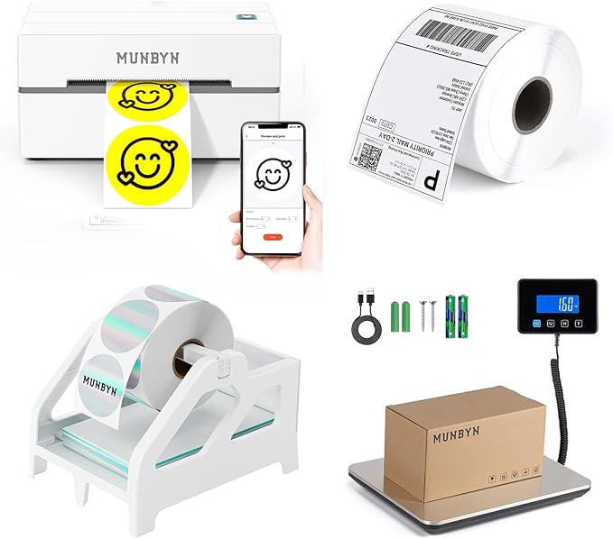 MUNBYN 130B Bluetooth Thermal Label Printer+Thermal Direct Shipping Label (Pack of 500 4x6 Per Roll Labels)+White Label Holder