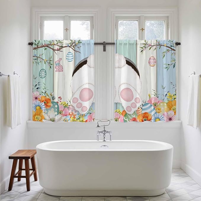 Easter Kitchen Tier Curtains 45 Inch Long 2 Panel Set, Rod Pocket Short Window