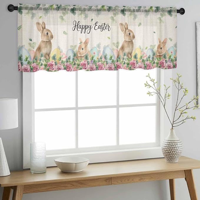 Easter Sheer Valances for Windows 54"x18", Light Filtering Kitchen Curtains