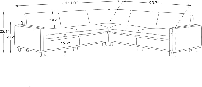 CHITA 114" Super Large Luxury V Shape Corner Sectional Modular Sofa, Down Filled Modern Sofa, Deep Seat Comfty Cloud Couch, 5 Seat Couch with Chaise, Solid Wood Leg, Faux Leather in Camel