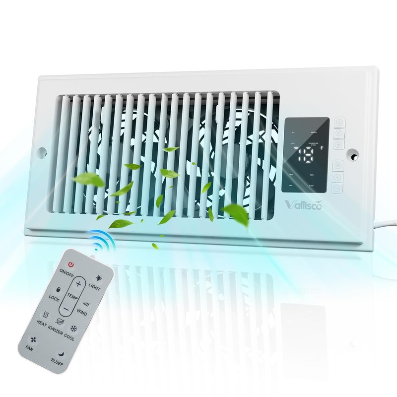 VallisCo Register Booster Fan 4"x10", 10-Speed Quiet Vent Fan with Negative Ion, Thermostat & Remote, Enhances and Improves Heating & Cooling Efficiency, Air Vent Booster for Home Room Comfort, White
