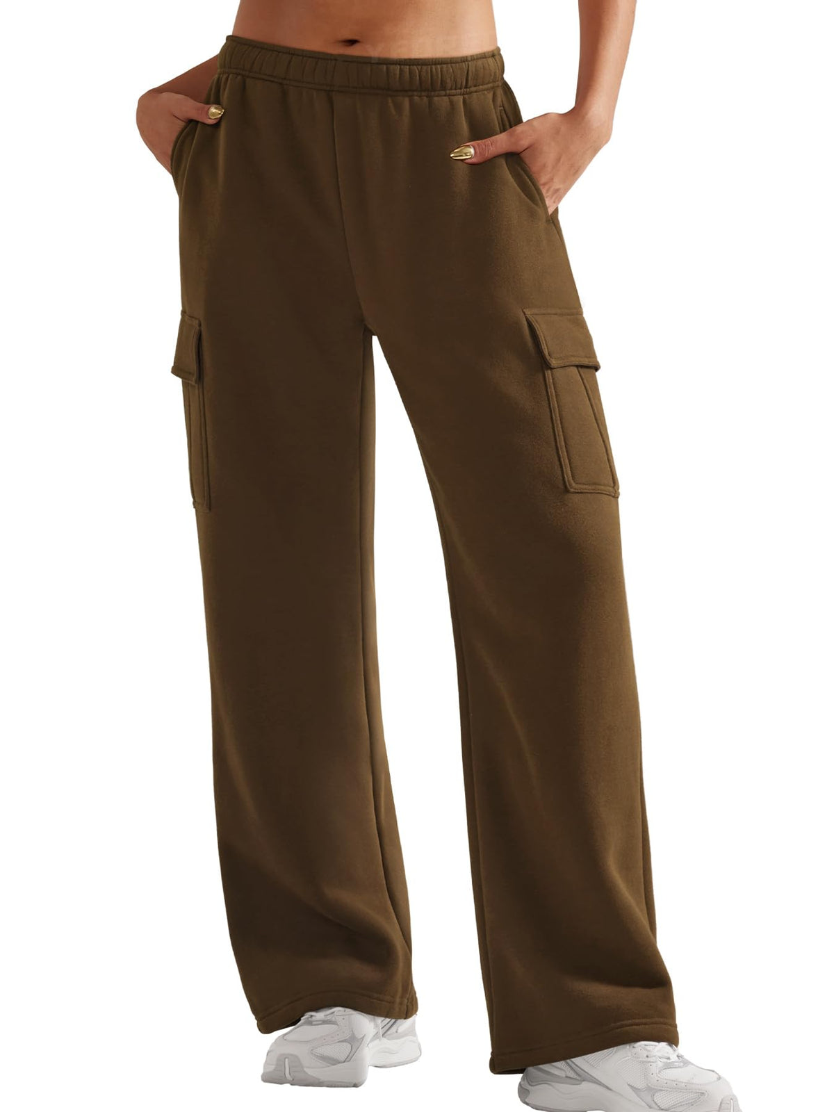 YEOREO Sweatpants Womens Cargo Pants Fleece Lined Wide Leg Joggers Baggy Drawstring Nairi Sweat Pants with Pockets Coffee M