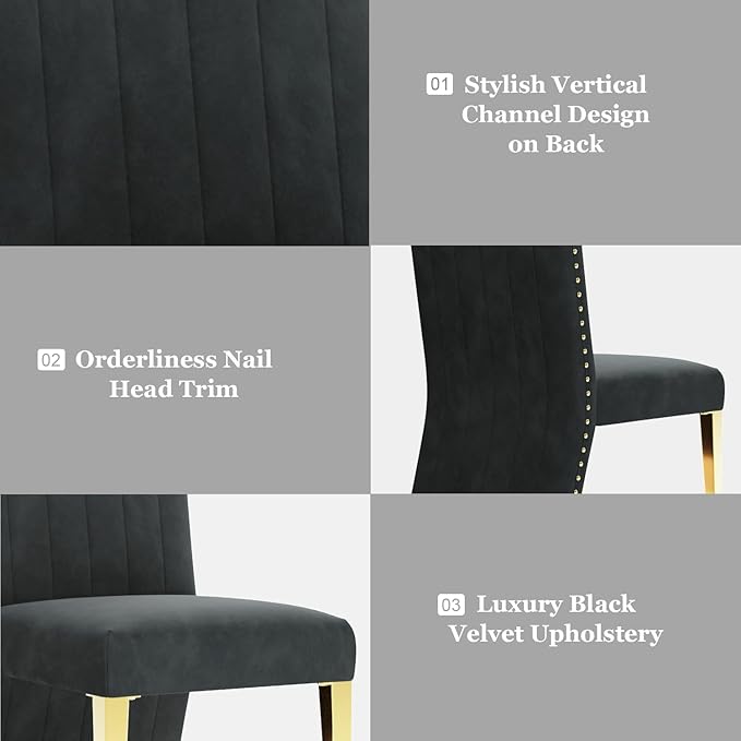 AUZ Dining Chairs Set of 6, Black and Gold Dining Room Chairs with Nailhead Trim and Gold Legs, Black Velvet Upholstered Dining Chair for Dining Table, Kitchen and Dining Room, Modern Luxury Style