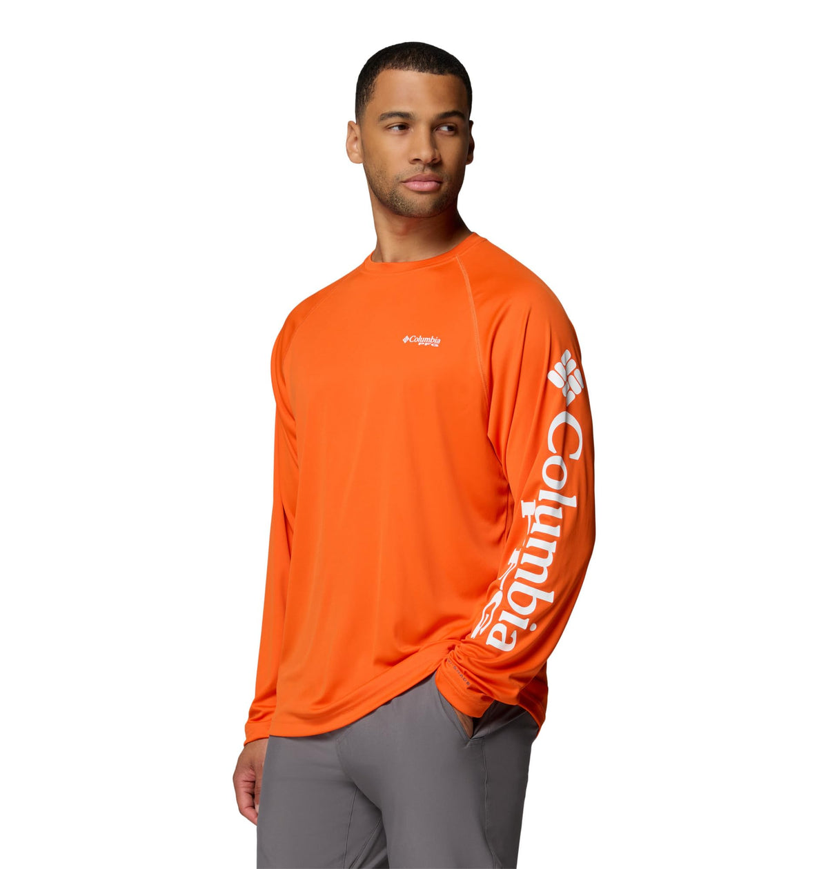 Columbia Men's PFG Terminal Tackle Long Sleeve Fishing Shirt, Spark Orange/White Logo, Large