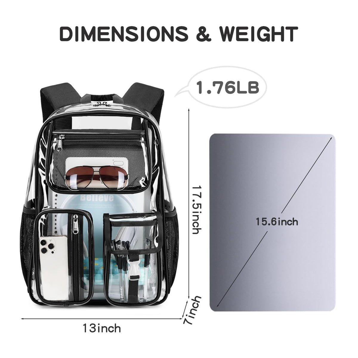 Cusangel Clear X-Large Backpack Heavy Duty Clear BookBag,17.5inch TPU Large Capacity See Through Backpack for Sport Events,Travel,Plastic backpacks for 15age+