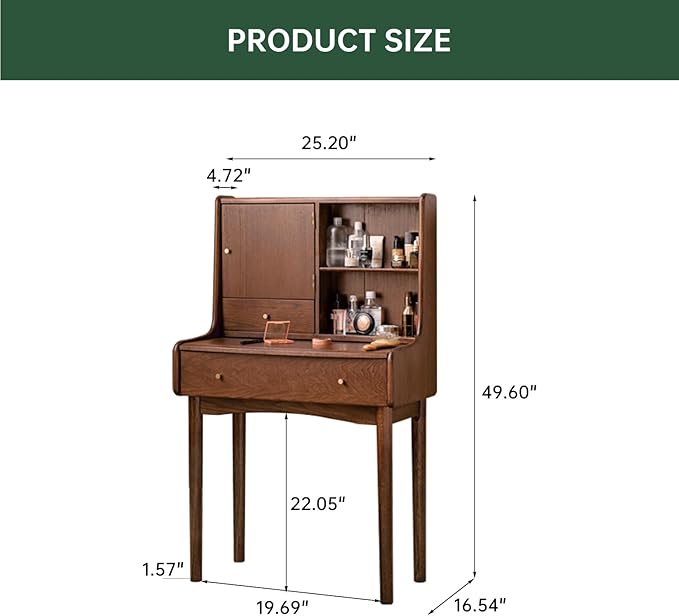 Small Vanity Desk with Mirror, Solid Wood Dressing Table, Movable Drawer Divider, Extendable Table Board for Bedroom, Walnut Color, 25" D x 16.5" W x 50" H