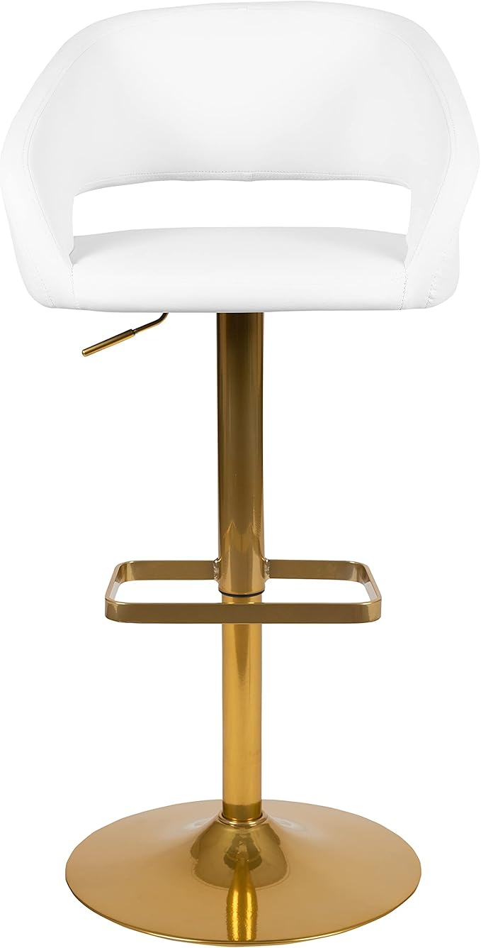 Flash Furniture Erik Comfortable & Stylish Contemporary Barstool with Rounded Mid-Back and Foot Rest, Adjustable Height - White Vinyl with Gold Base, Set of 2