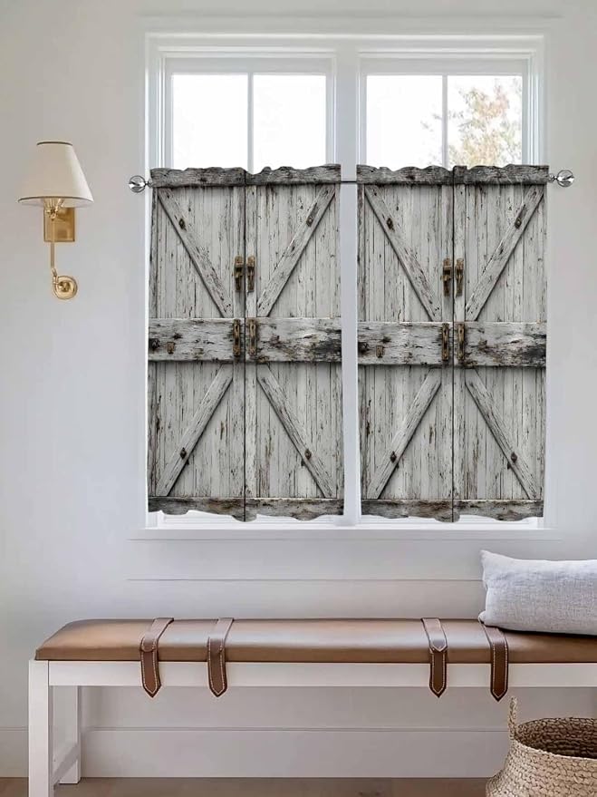 Vintage Gate Tier Curtains 45 Inches Long, Farmhouse Wooden Grain Shabby Chic