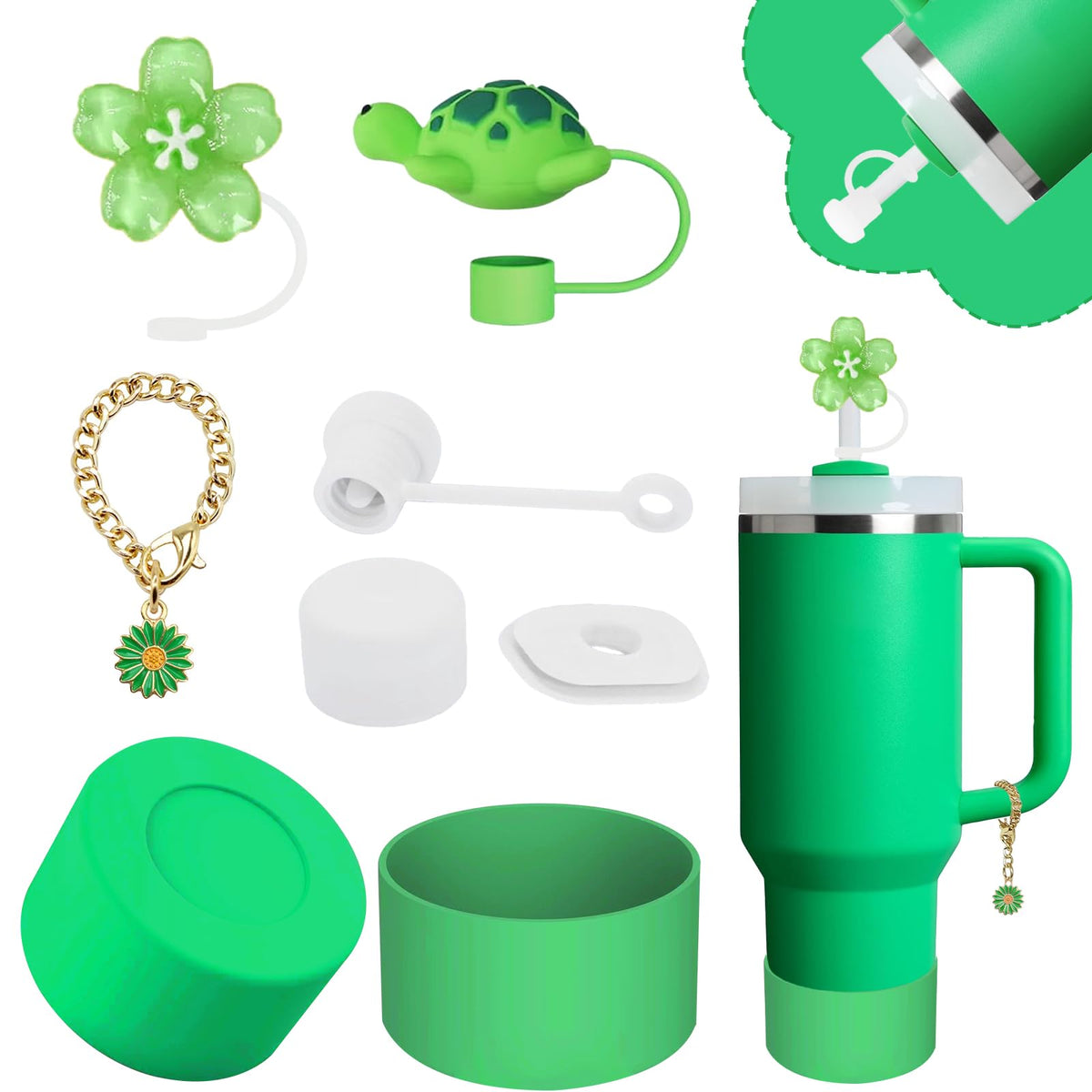 Stanley Cup Accessories Set,Including 2 Pcs 0.4in Straw Cover, 1 Silicone Spill-Proof Stopper Set of 3, 1 Cute Flower Handle Charm, 1 Silicone Boot Fits Stanley 40&30 Oz Tumbler (Meadow)