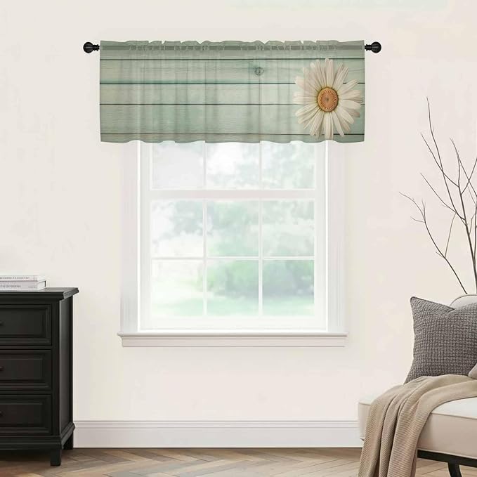 Daisy Flower Sheer Valances for Windows 54"x18", Light Filtering Kitchen