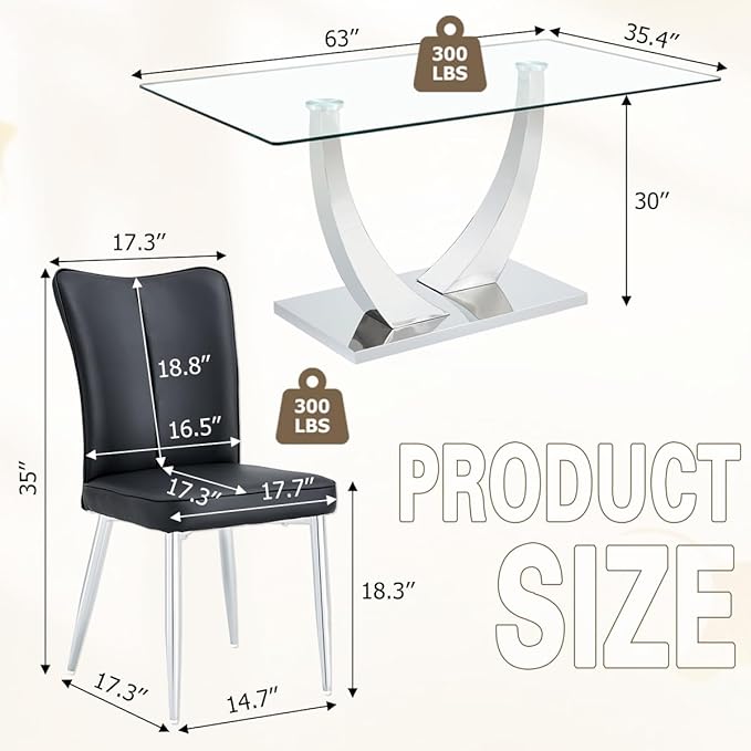 Glass Dining Table Set for 4,Dining Room Table Set for 4,Kitchen Table Set with 4 PU Leather Chairs,63'' Glass Dining Table Set with Silver U-Shaped Table Legs and Rectangular Base