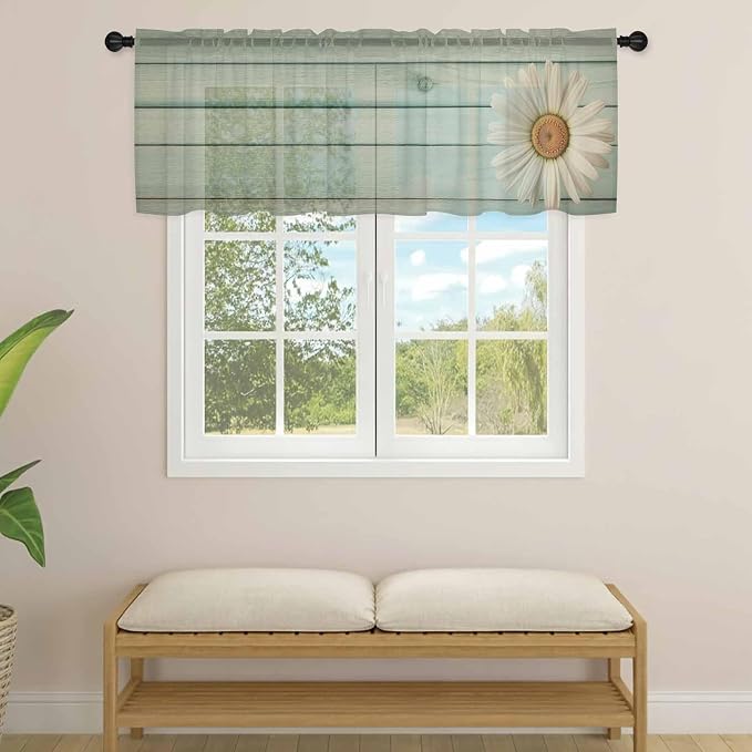 Daisy Flower Sheer Valances for Windows 54"x18", Light Filtering Kitchen