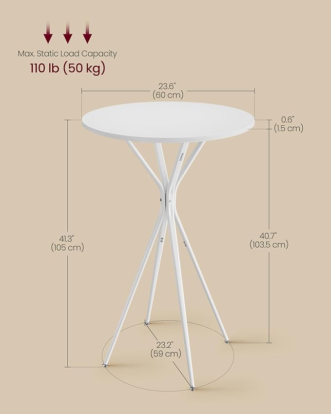 VASAGLE Bar Table, Round Cocktail High Top Pub Bistro Table for Party, Kitchen Dining, Home Bar, 23.6 x 23.6 x 41.3 Inches, Metal Frame, Modern Style, Easy to Assemble, Cloud White and Matte White