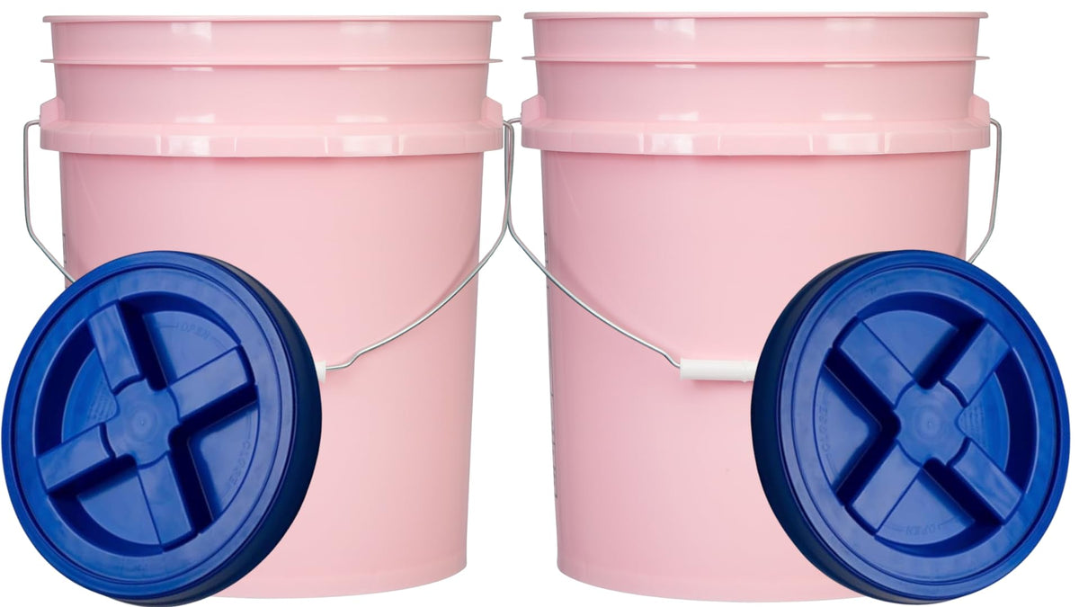 House Naturals Food Grade 5 Gallon Made in USA Plastic Bucket with Air Tight Screw on Lid (White Buckets with Red Lids)