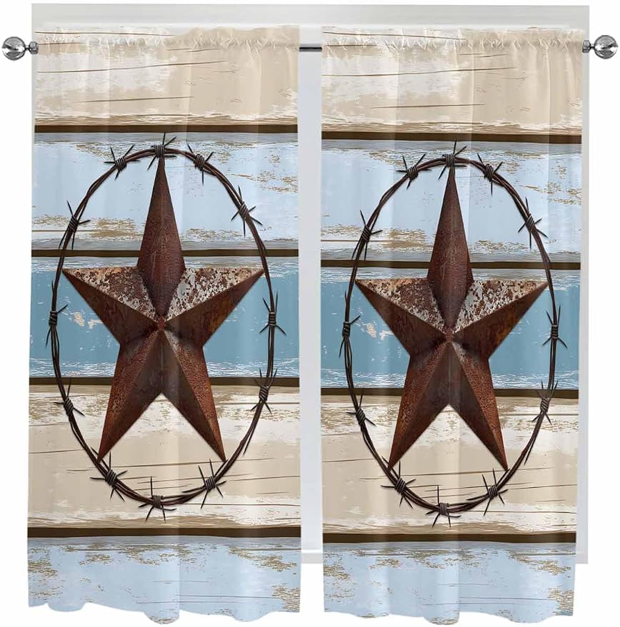 Vintage Western Star on Wood Grain Window Valance Curtains, Retro Wooden
