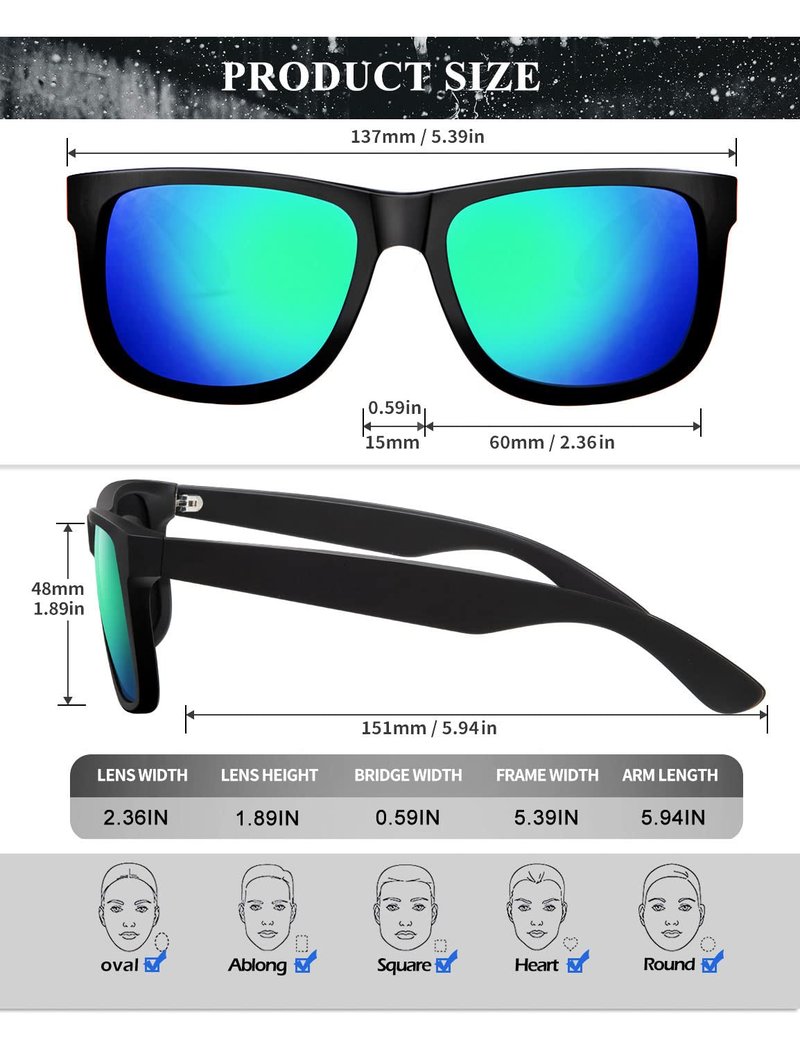 KALIYADI Sunglasses Men Polarized Sun glasses for Mens Womens Classic Matte Black Frame UV Protection 3pack (Black & Green & G15)