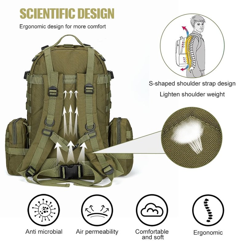 CALUOMATT Large Military Tactical Backpack for Men, 40-50L Backpacks for Women, Bug out Bag Army 3 Days Pack Bags Rucksack with Molle System Green