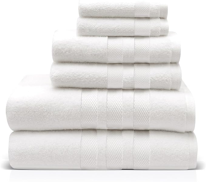 Zero Twist Bathroom Towel Set - Luxury Bath Towel Sets for Bathroom, Hands, and Washcloths - Quick Dry and Absorbent - 6 Pieces, 3 Stripe, White