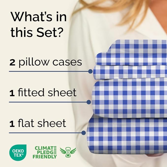 Blue Gingham Sheets - 1 Flat & 1 Fitted Sheet & 2 Pillowcases w/ Deep Pockets - Grid, Plaid, Checkered Pattern Bed Set - Comfy, Wrinkle & Fade Resistant - Ultra-Soft, Breathable & Cooling -Queen Size