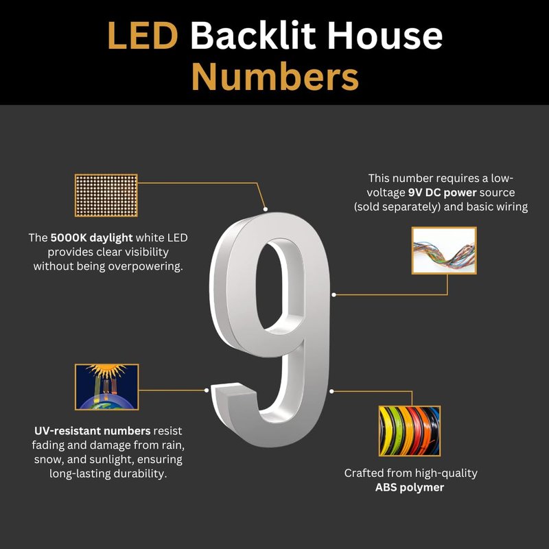 7 Inch LED House Numbers, ABS-Polymer, Premium Quality, Backlit LED 5000K Illuminated Home Address Number, Lighted House Numbers, Modern Address Numbers (0, Black)