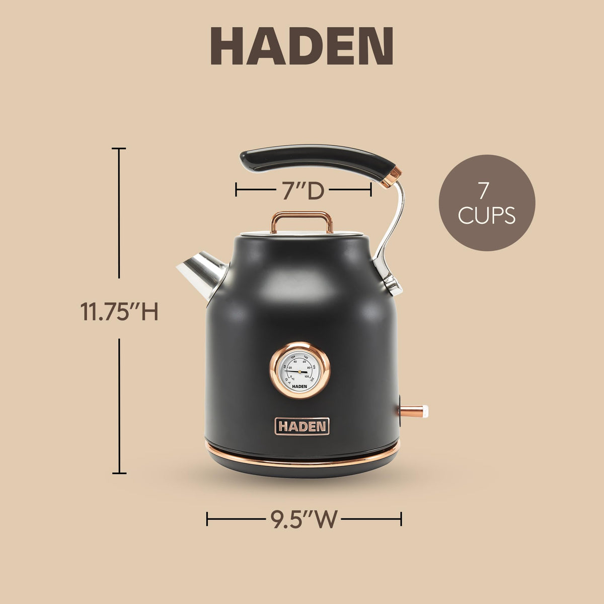 Haden Dorset Stainless Steel Electric Kettle, Black & Copper, 1.7 Liter