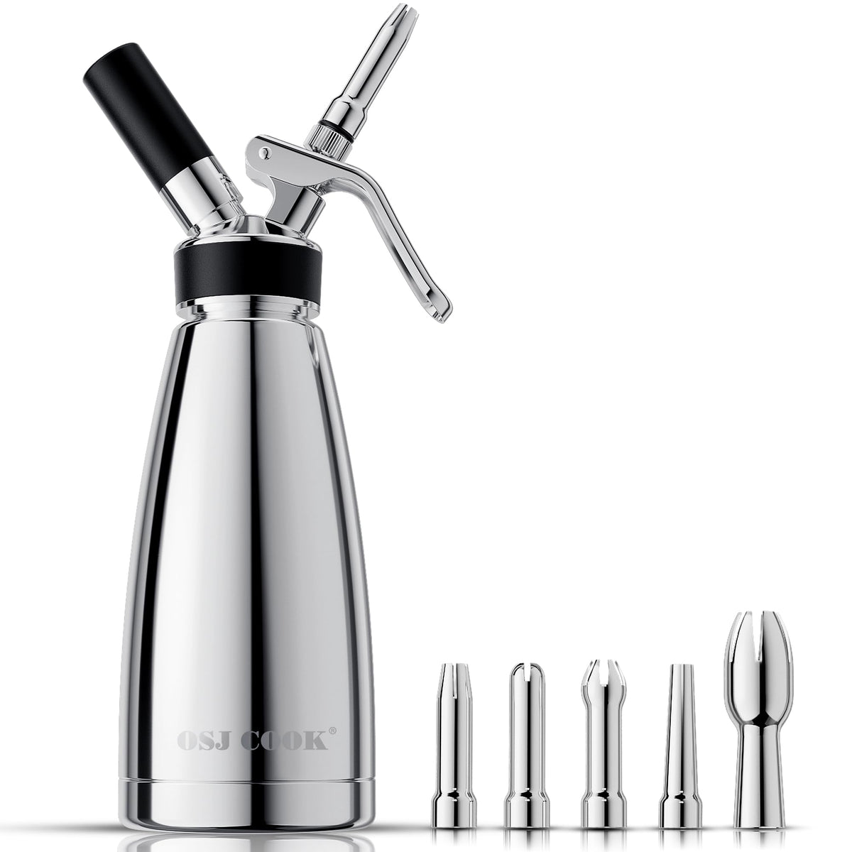 OSJCOOK Whipped Cream Dispenser Stainless Steel Cream Whipper Mirror Finish,500 mL/1 Pint Professional Cream Maker,5 Various Stainless Decorating Nozzles,1 Cleaning Brush,N2O Chargers NOT included