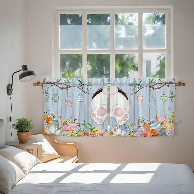 Easter Kitchen Tier Curtains 24 Inch Long 2 Panel Set, Rod Pocket Cafe Small