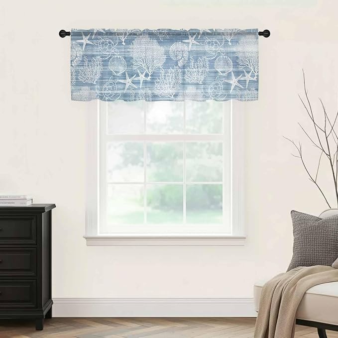 Haze Blue Retro Summer Sheer Valance Curtains, Sea Turtle Starfish Coral Ocean