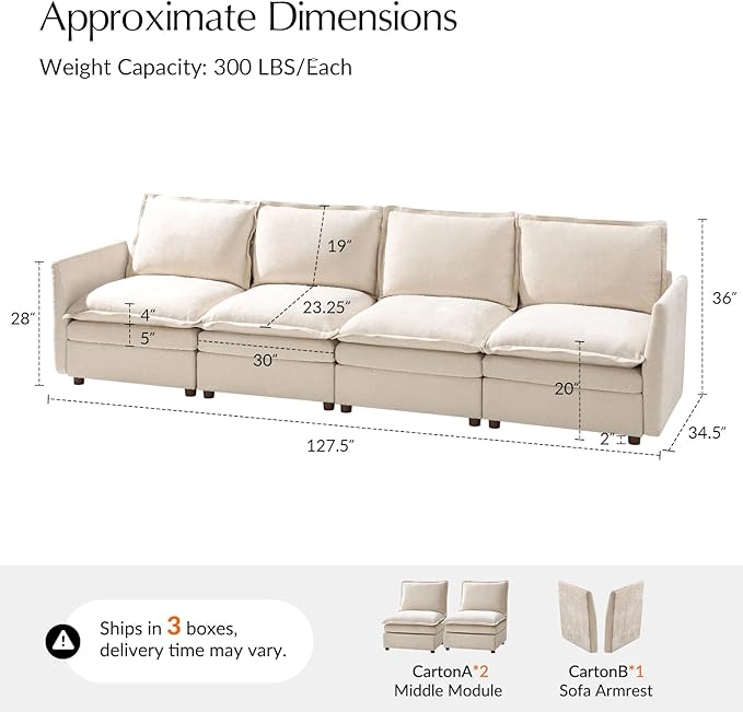 HULALA HOME 128'' Oversized Modular Sectional Sofa with Dual-Layered Cushions, 4 Seater Sofa with Storage Ottoman and Removable Cover, Modern Deep Seat Cloud Couch for Living Room, Beige