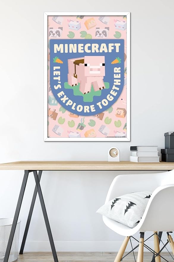 Trends International Minecraft - Let's Explore Together Wall Poster, 34L x 22.4W, White Framed Version