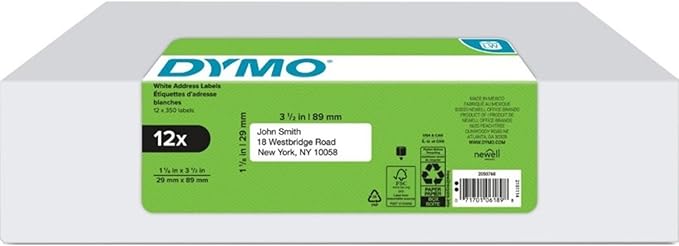 DYMO® LabelWriter Address Labels, 1-1/8" x 3-1/2", Rectangle, White, 350 Labels Per Roll, Pack of 12 Rolls