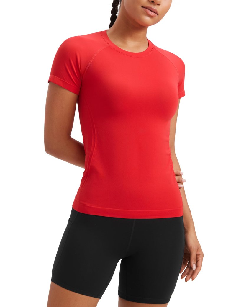 CRZ YOGA Seamless Workout Tops for Women Hip Length - Athletic Running Gym Yoga Short Sleeve Shirts Breathable Crewneck Tees Deep Red Medium