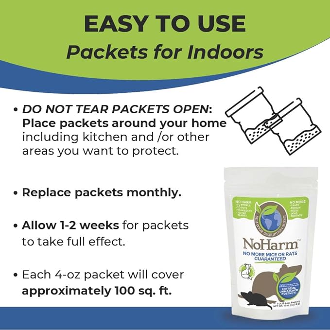 NoHarm Rodent Control | Smarter Than Repellent | Blocks Scent-Trails | Disrupts Mice and Rats | Safe | 4 Packets for Indoor Use