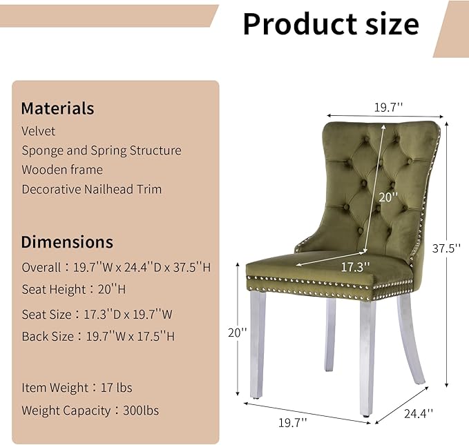 Luxury Upholstered Dining Chairs Set of 4, Olive Green Kitchen Chair with Silver Metal Legs, Velvet Tufted Back Dining Chair, Sillas de Comedor, Modern Kitchen & Dining Room Chairs (Olive, 4 Pcs)