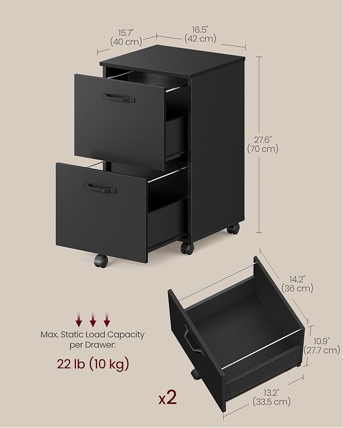VASAGLE 2-Drawer File Cabinet, Small Rolling Filing Cabinet for Home Office, Printer Stand, for A4, Letter-Size Documents, 15.7 x 16.5 x 27.6 Inches, Ink Black UOFC040B16
