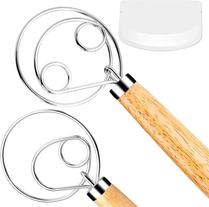 FUANRTK Danish Dough Whisk Bread Mixer 2 Pack | Premium Stainless Steel Dutch Whisk With a Dough Scraper for Bread, Pastry or Pizza Dough - Perfect Baking