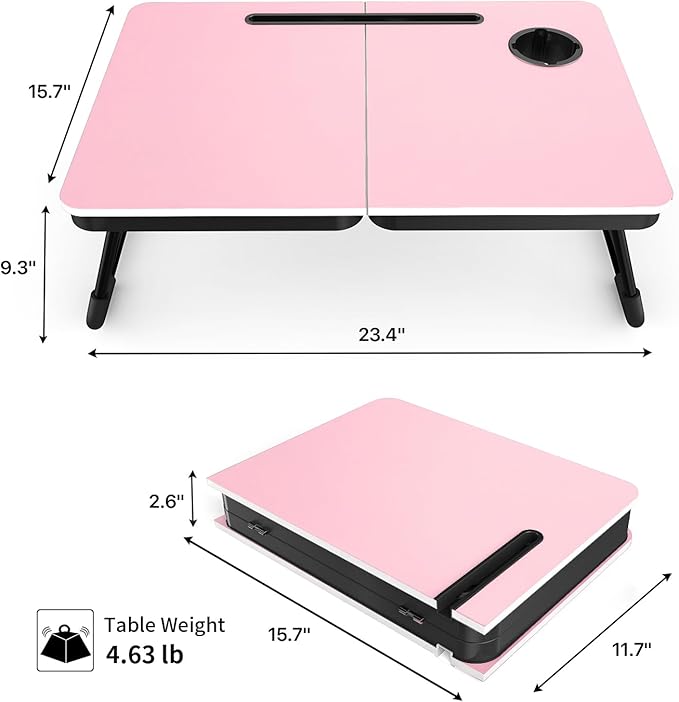 BUYIFY Foldable Laptop Bed Desk for Couch, Sofa - Large Lap Desk Tray Table with Cup Holder and Tablet Slot - Portable Notebook Stand for Eating, Writing, Studying and WFH (Pink)