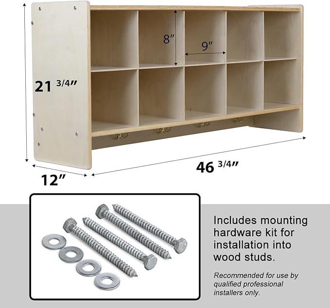 Cubby Storage Organizer Cubes, 10 Cubbies with Coat Hooks, Orange Plastic Bins, Hanging Wall Mount Cube Storage, Furniture for Kids Toys, Daycare, Classroom