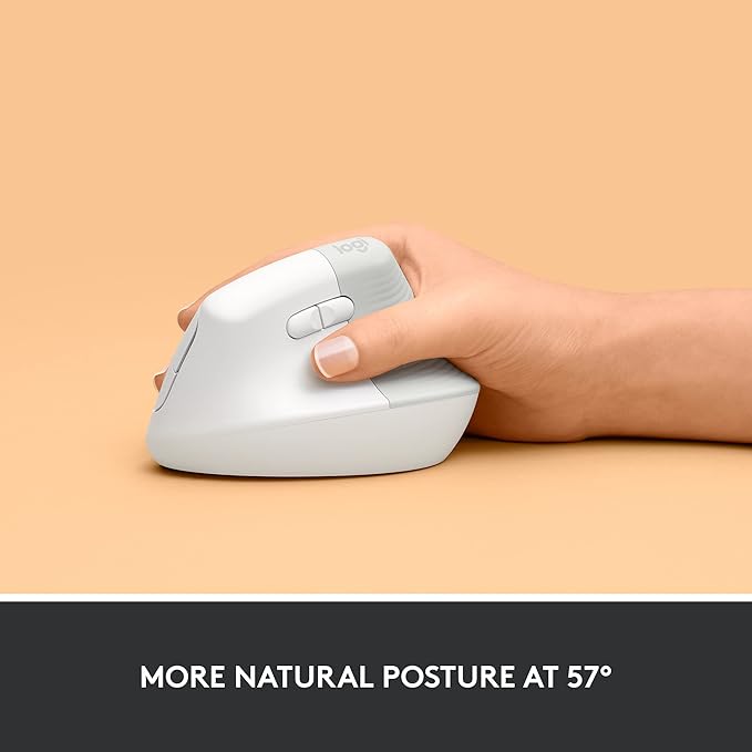 Logitech Lift Vertical Ergonomic Mouse, Wireless, Bluetooth or Logi Bolt USB Receiver, Quiet clicks, 4 Buttons, Compatible with Windows/macOS/iPadOS, Laptop, PC - Off White